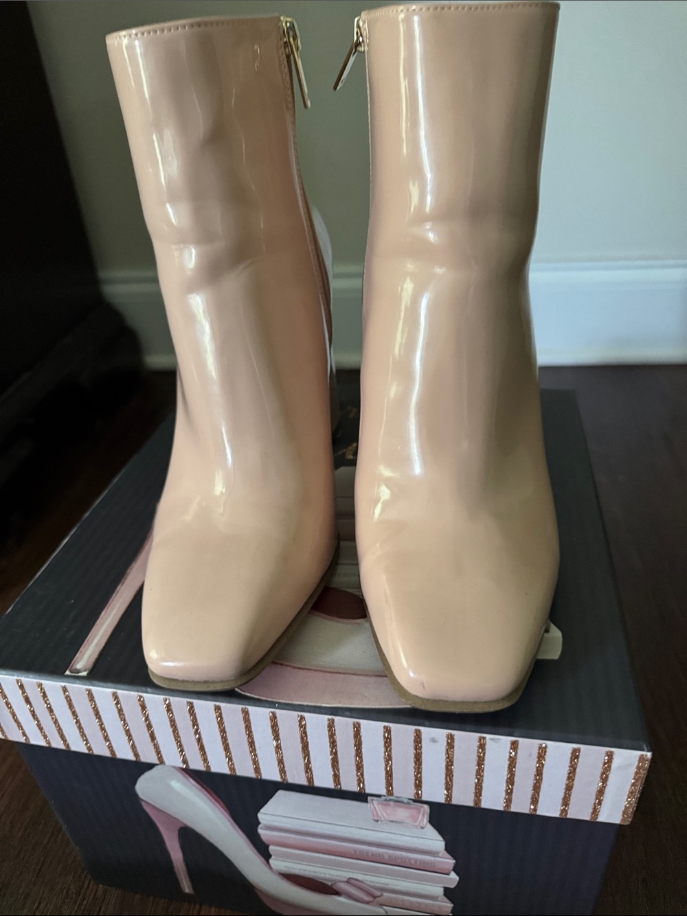 Jennifer Lopez Nude Patent Ankle Boots with Side Zip